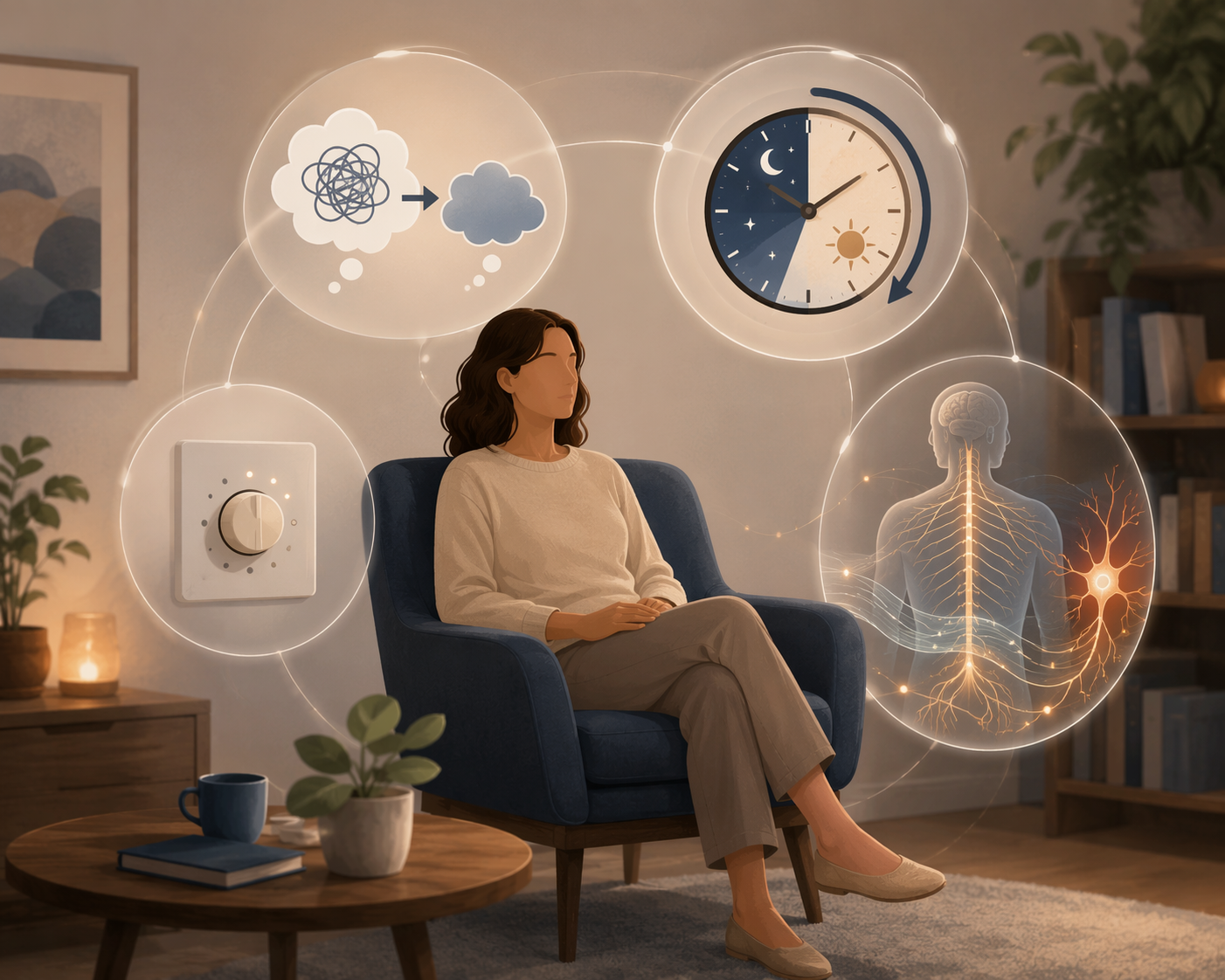 Therapy room illustration with symbols for cognitive restructuring, sleep consolidation, stimulus control, and calming nerve pathways