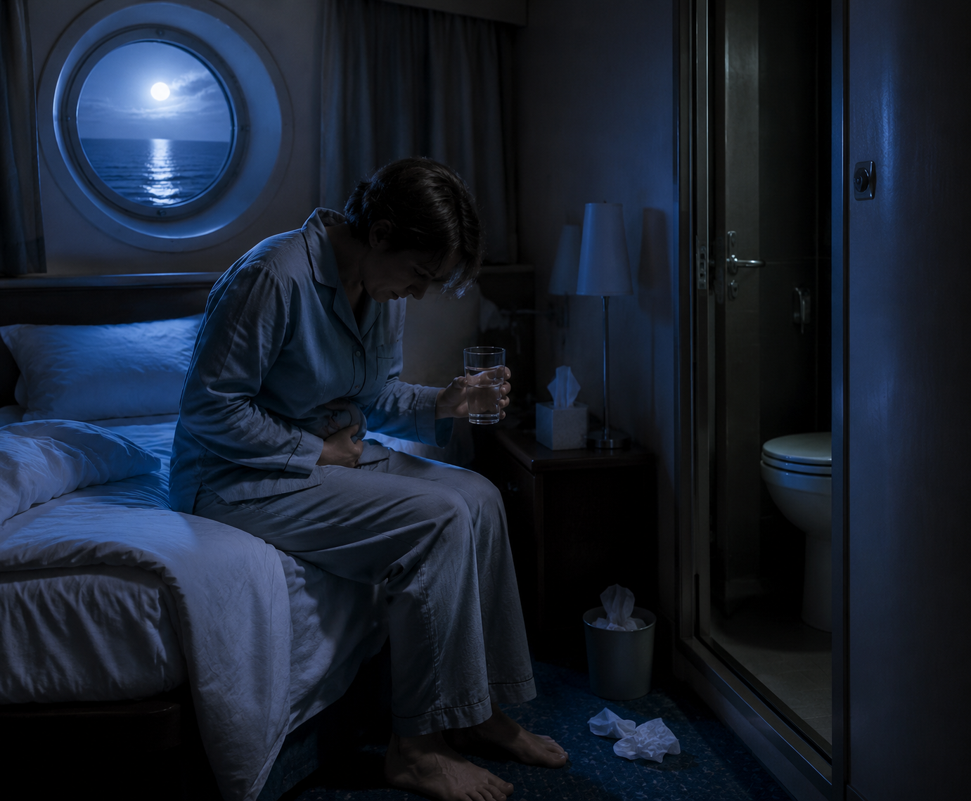 Dimly lit cruise cabin at night with an exhausted passenger holding water near a closed bathroom door