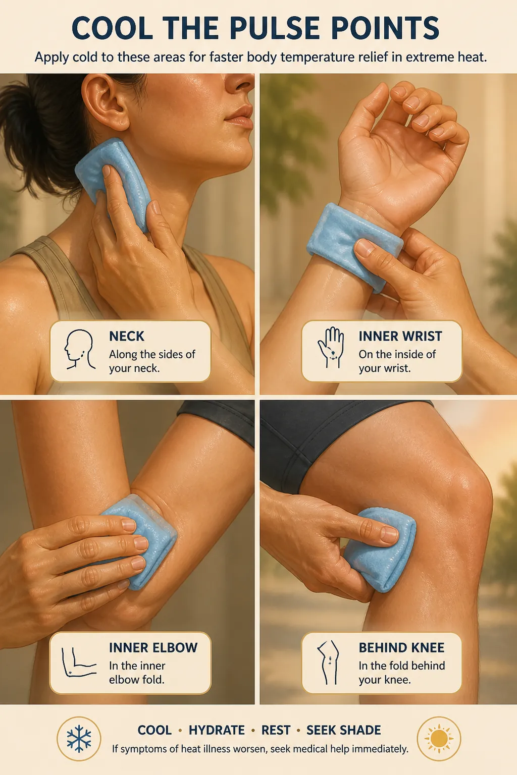 Cold towels placed on the neck, wrist, inner elbow, and behind the knee