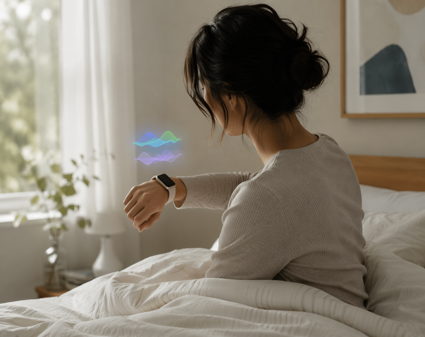 Person in bed looking at an Apple Watch with abstract sleep-stage data near the watch face
