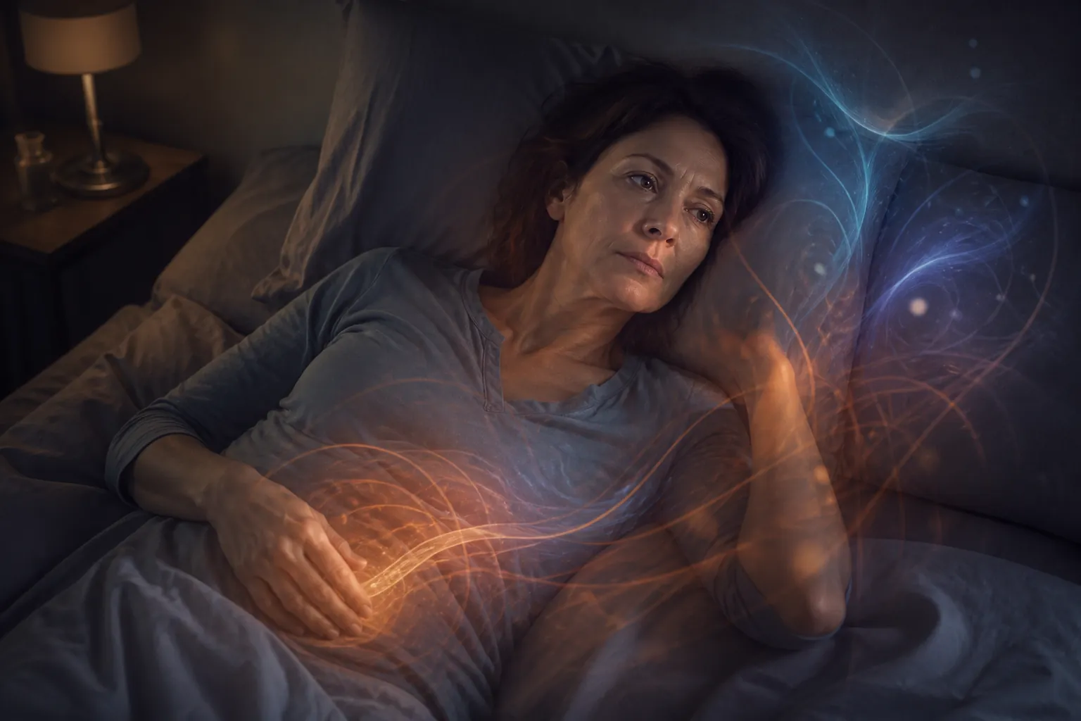 A middle-aged woman lying awake in a dim bedroom as abstract warm and cool color swirls suggest hormonal fluctuations