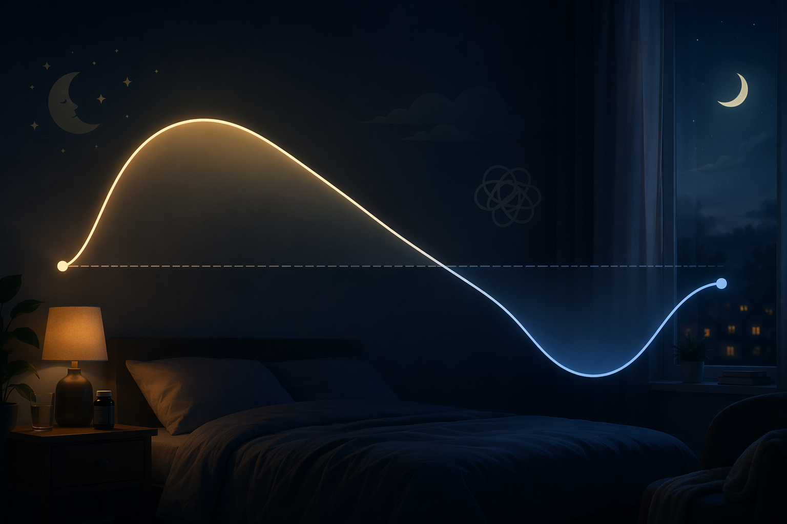Abstract editorial illustration showing a wave-like curve over time representing tolerance building and rebound insomnia after stopping a sleep aid.