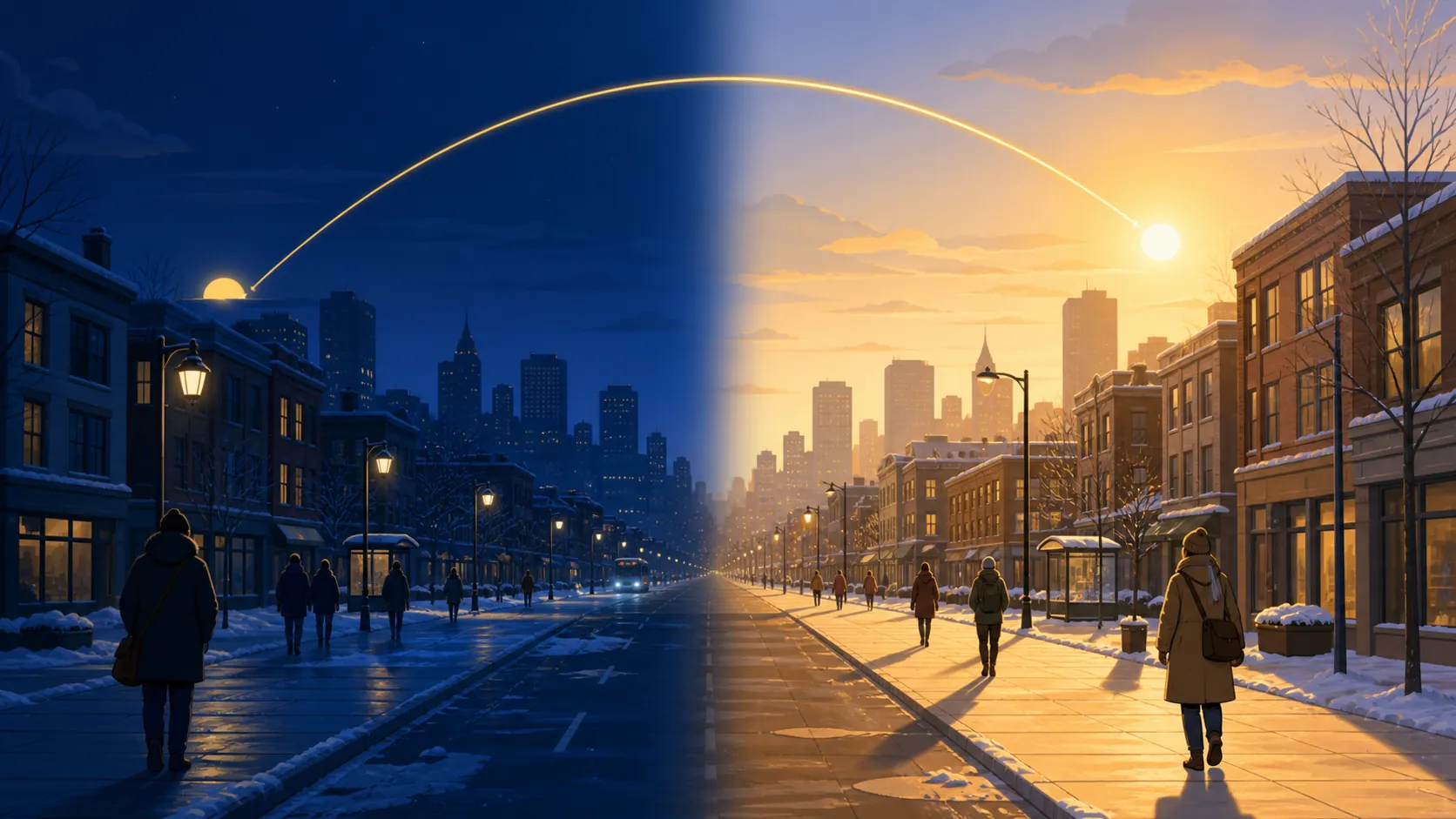 Winter city street split between a dark 8 a.m. morning and a brighter early evening, showing daylight moved from morning to evening