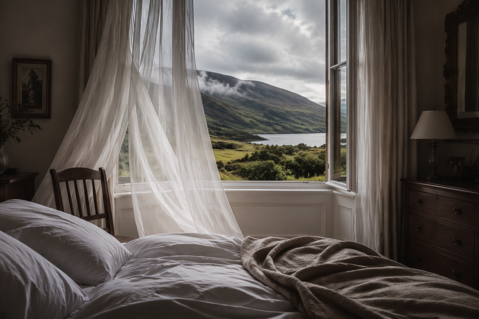 Traditional bedroom with an open window overlooking misty Scottish highlands