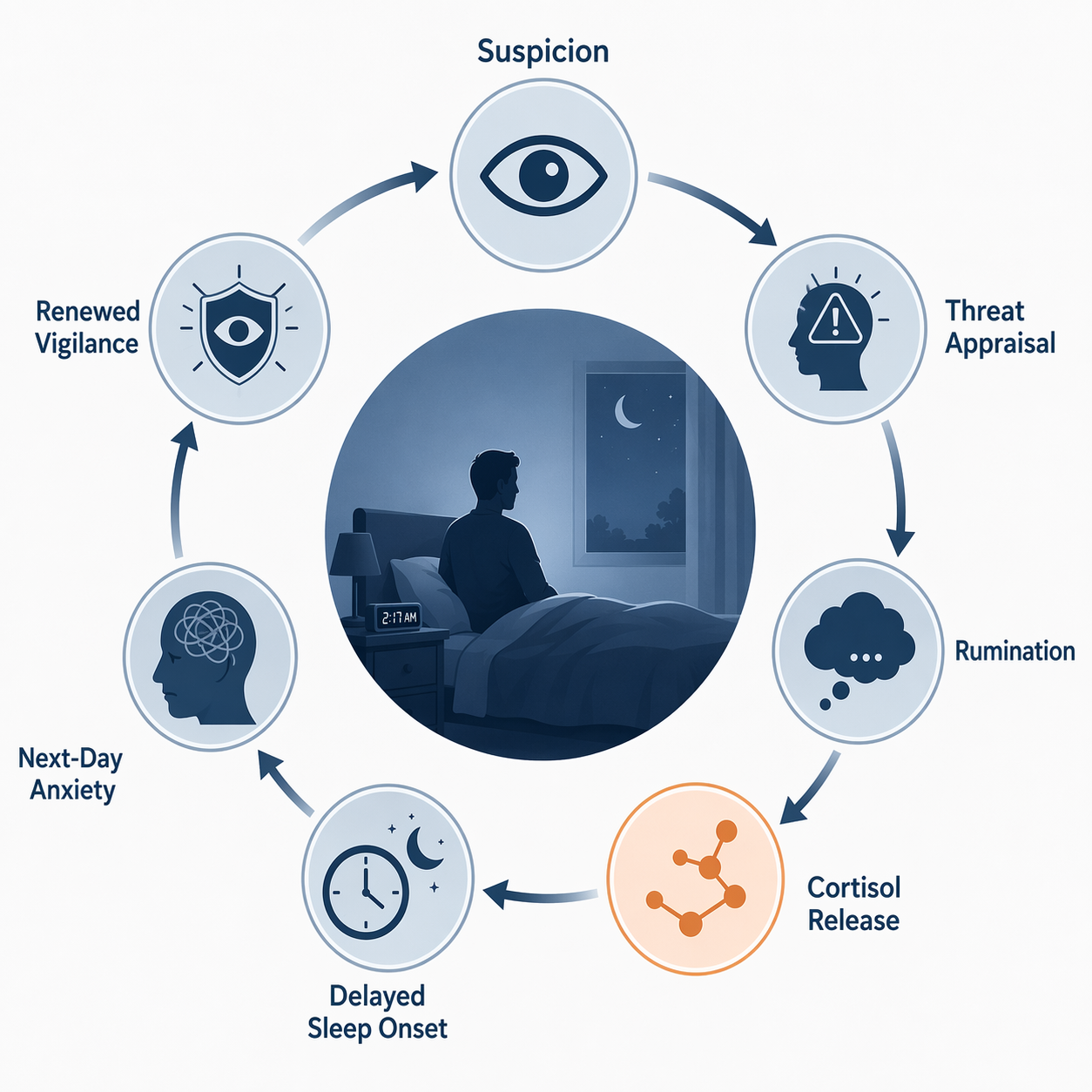 A circular diagram showing suspicion leading to threat appraisal, rumination, cortisol release, delayed sleep onset, next-day anxiety, and renewed vigilance