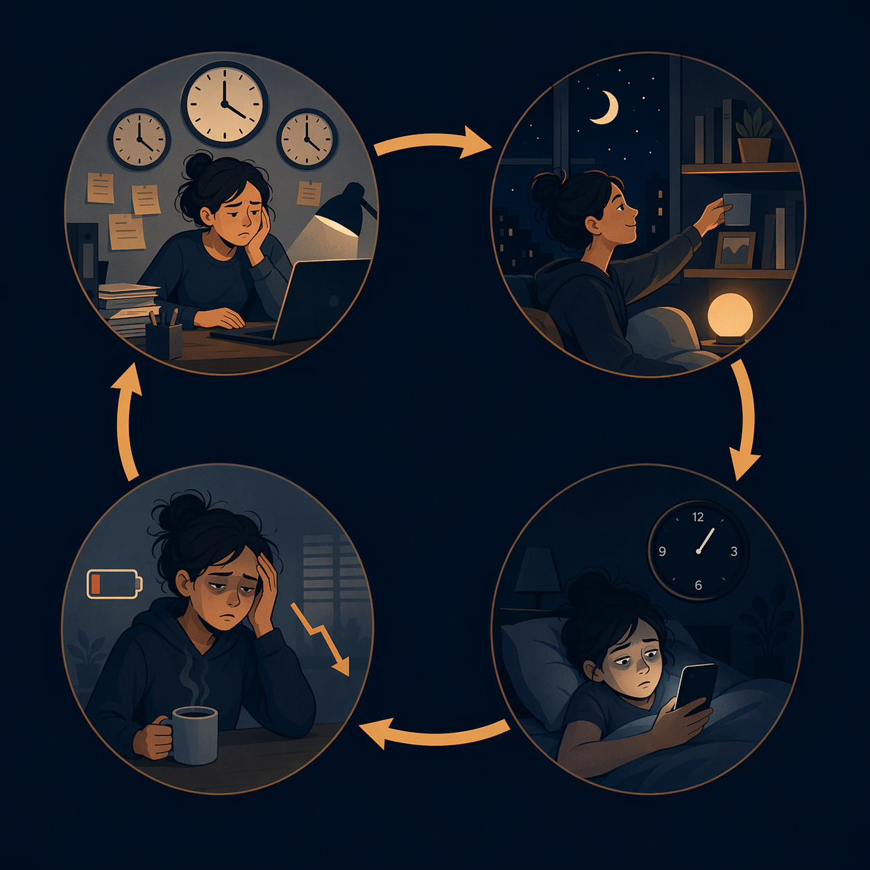 A cycle diagram showing daytime autonomy deficit, nighttime reclaim urge, late-night wakefulness, and poor sleep reducing self-control