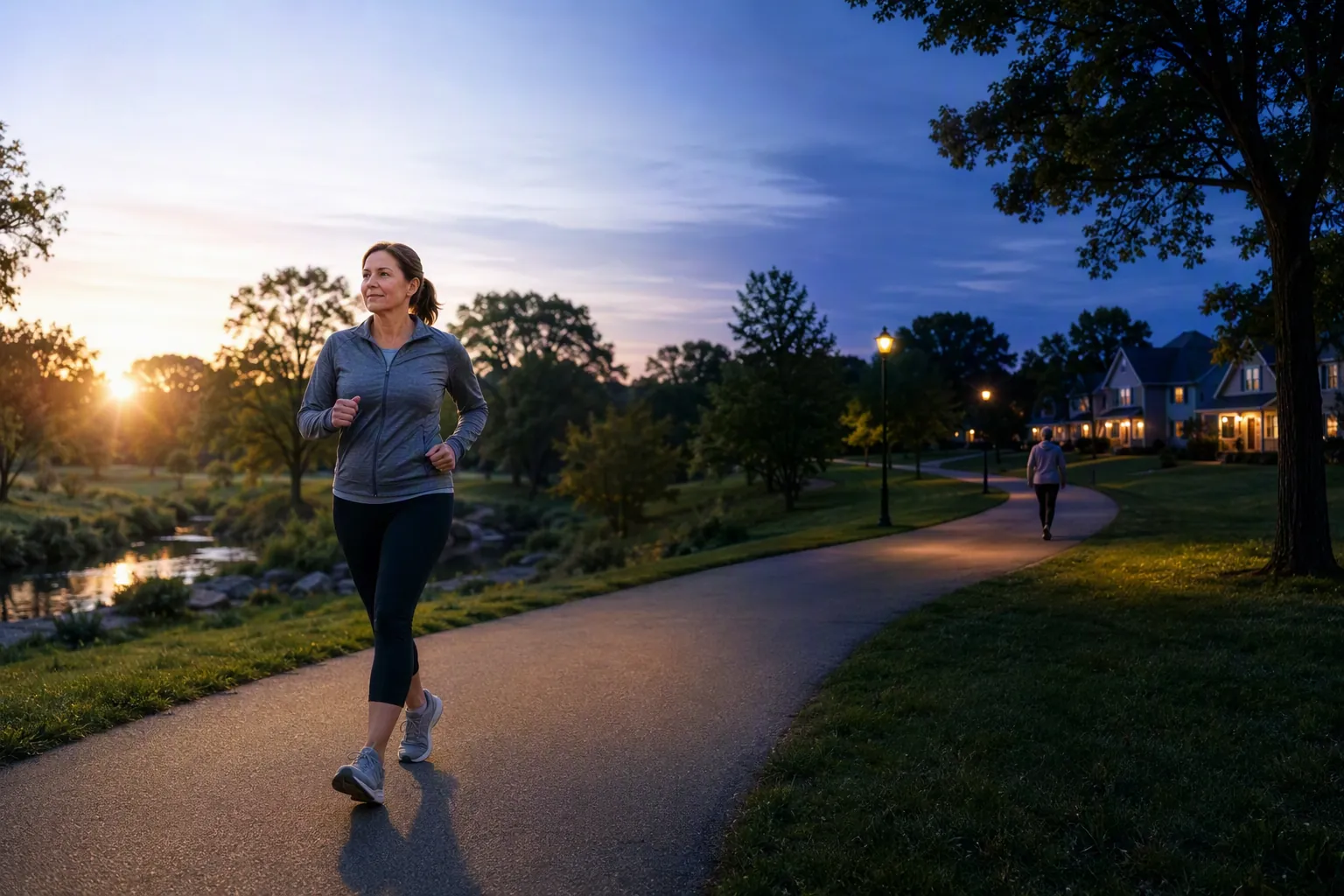 A neighborhood park path shifting from morning daylight to evening twilight, with a brisk walker in daylight and a gentler walker near a warm-lit house