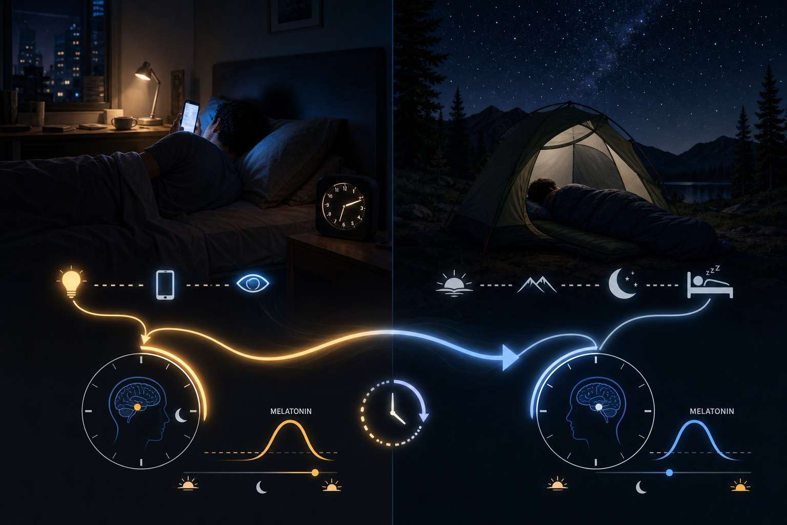 Conceptual comparison of an artificially lit bedroom and a naturally dark campsite showing circadian realignment