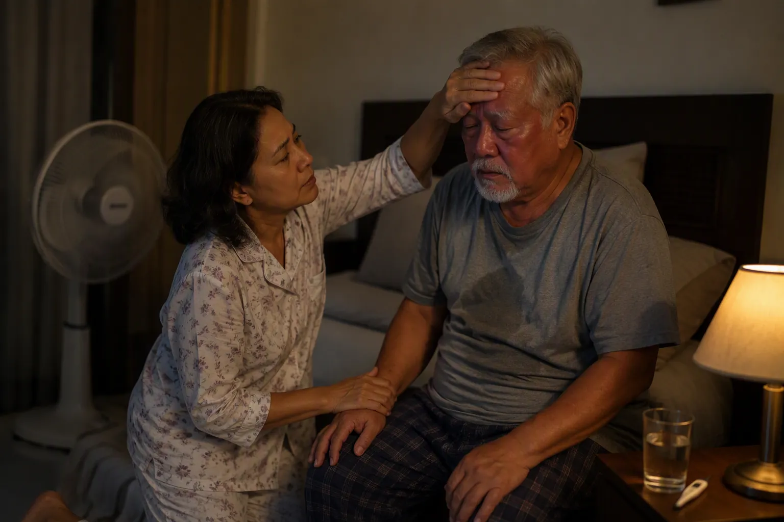 Woman checking on an older man in a warm bedroom with a fan and thermometer nearby