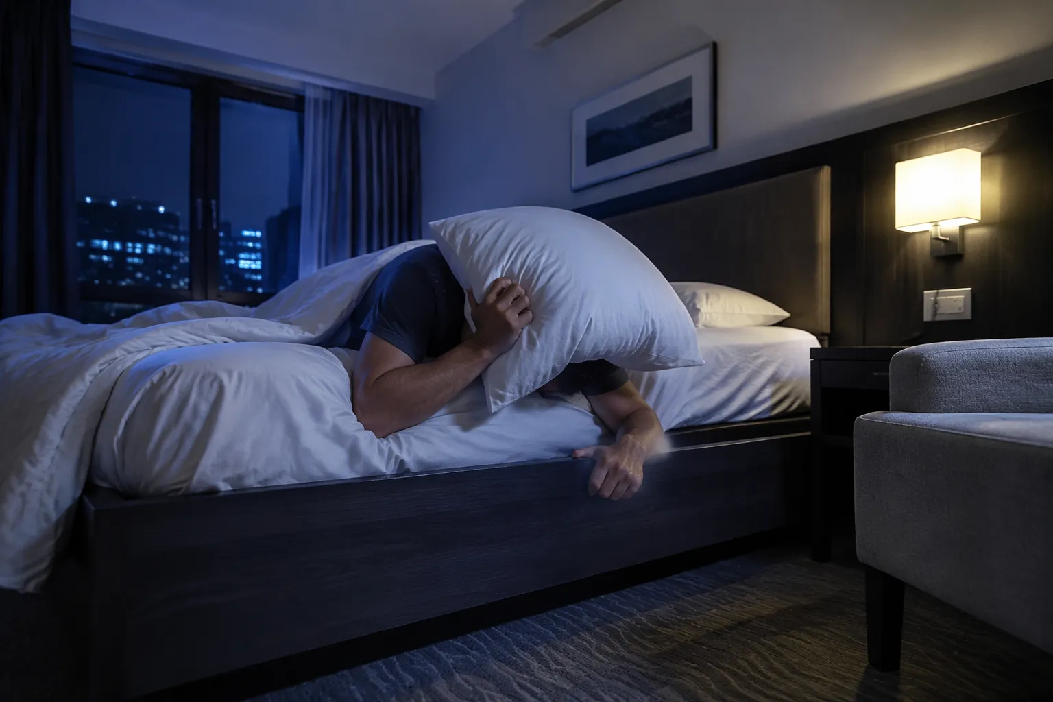 A person in a modern Japanese hotel room lies face-down with a pillow covering the head and neck during a nighttime earthquake.