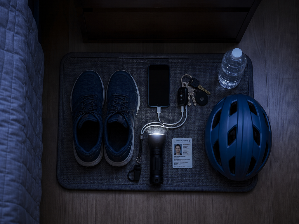 Bedside tornado emergency kit with shoes, phone, keys, flashlight, helmet, whistle, ID, and water