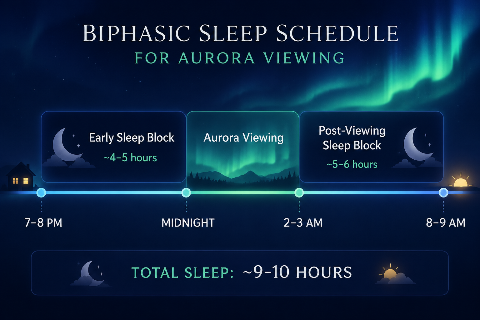 Timeline showing an early sleep block, an aurora viewing window, and a post-viewing sleep block totaling 9 to 10 hours