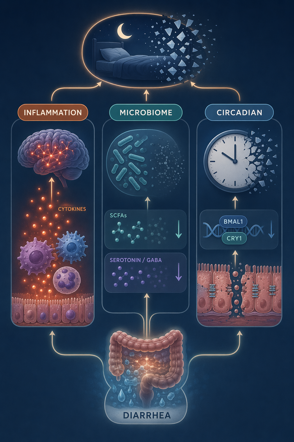 Scientific diagram showing inflammation, microbiome depletion, and circadian disruption converging on fragmented sleep