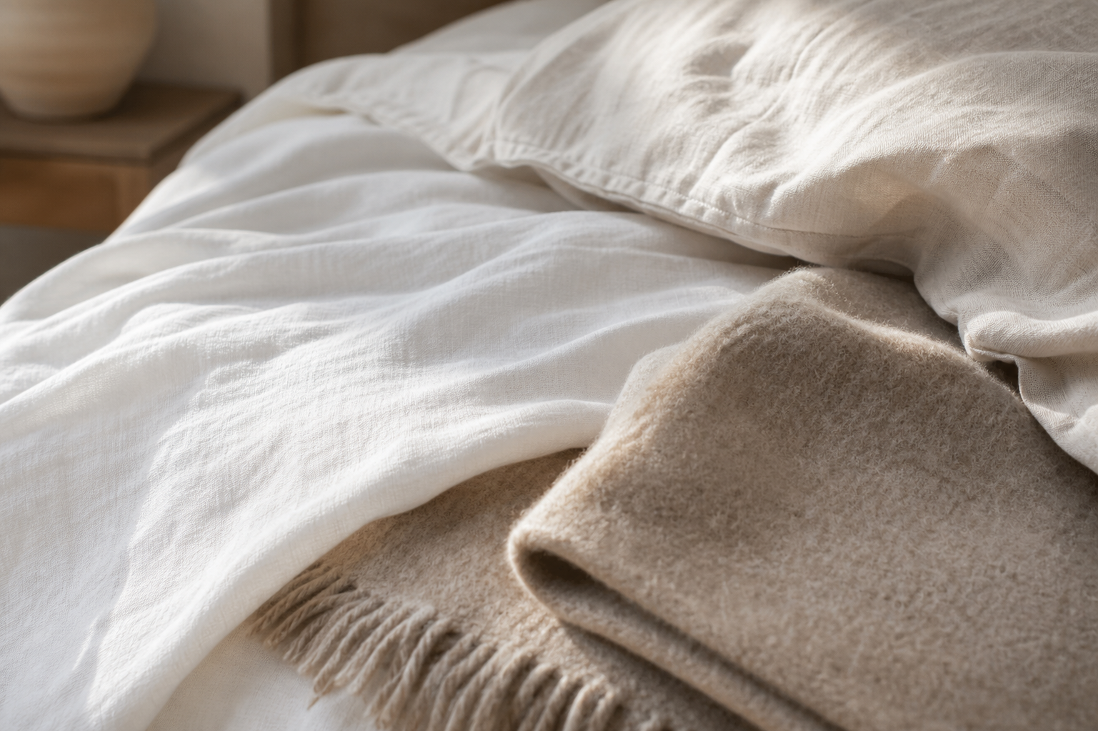 An editorial close-up of layered bedding fabrics — a crisp white cotton sheet with visible weave, a soft beige wool throw, and a cream duvet corner — tousled to show texture and breathability.