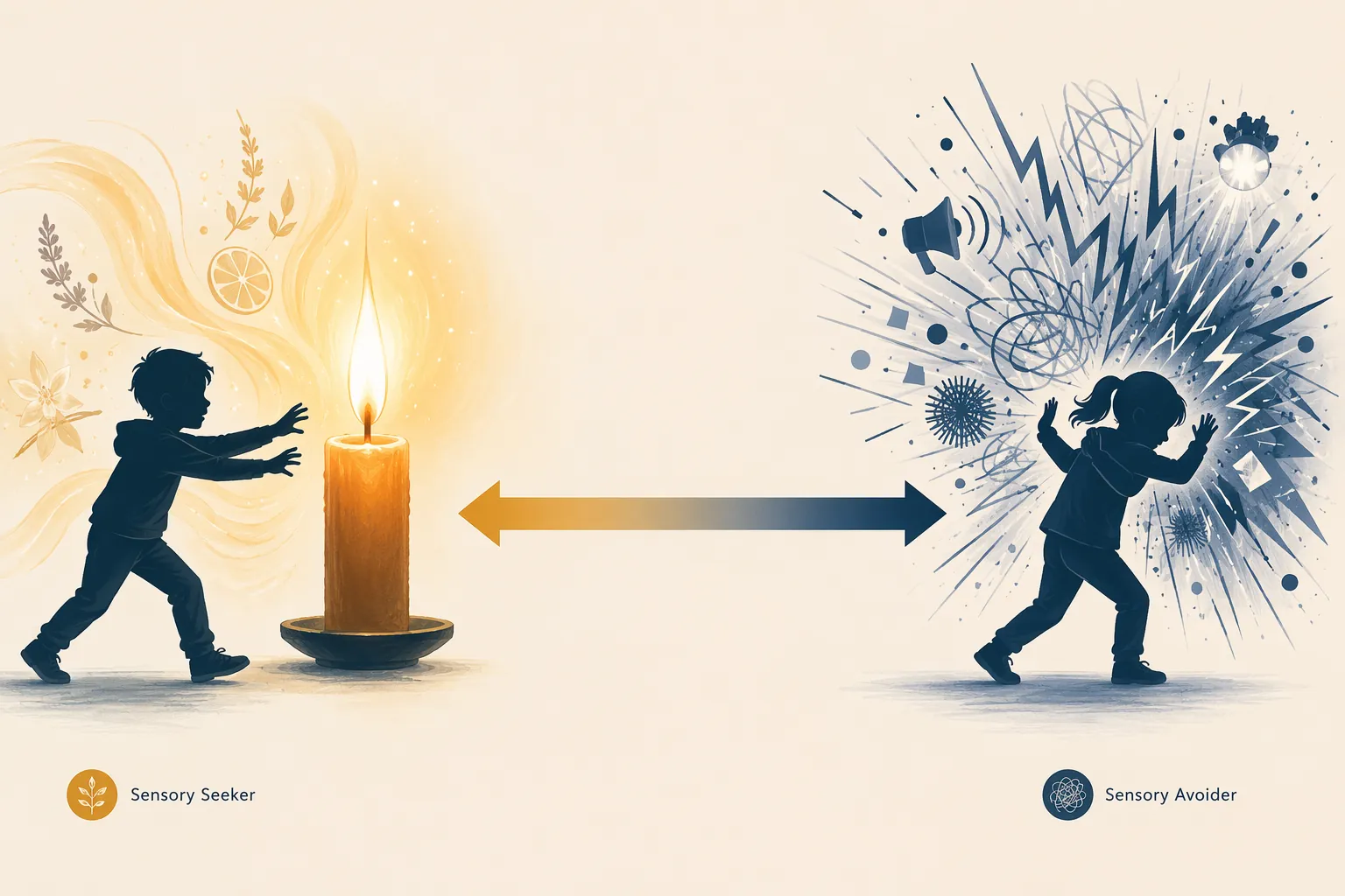 Sensory seeker and sensory avoider shown on a continuum of response to strong candle scent