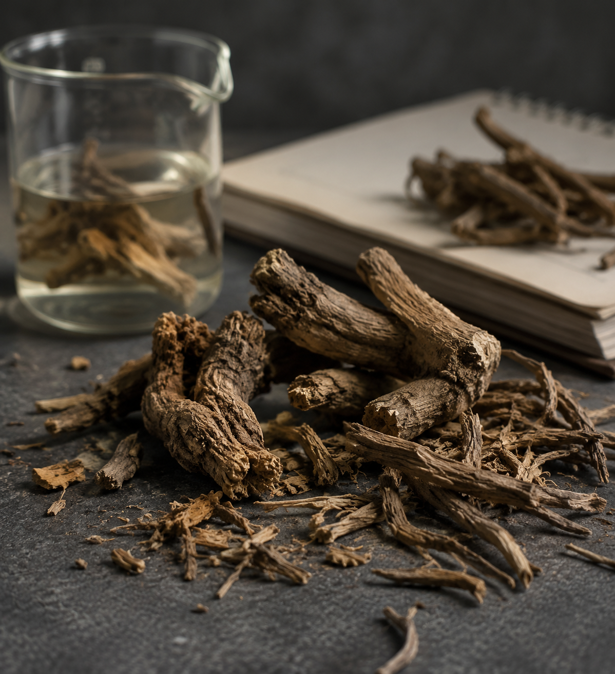 Dried valerian root and rhizome fragments on a laboratory surface with a beaker and notebook in the background