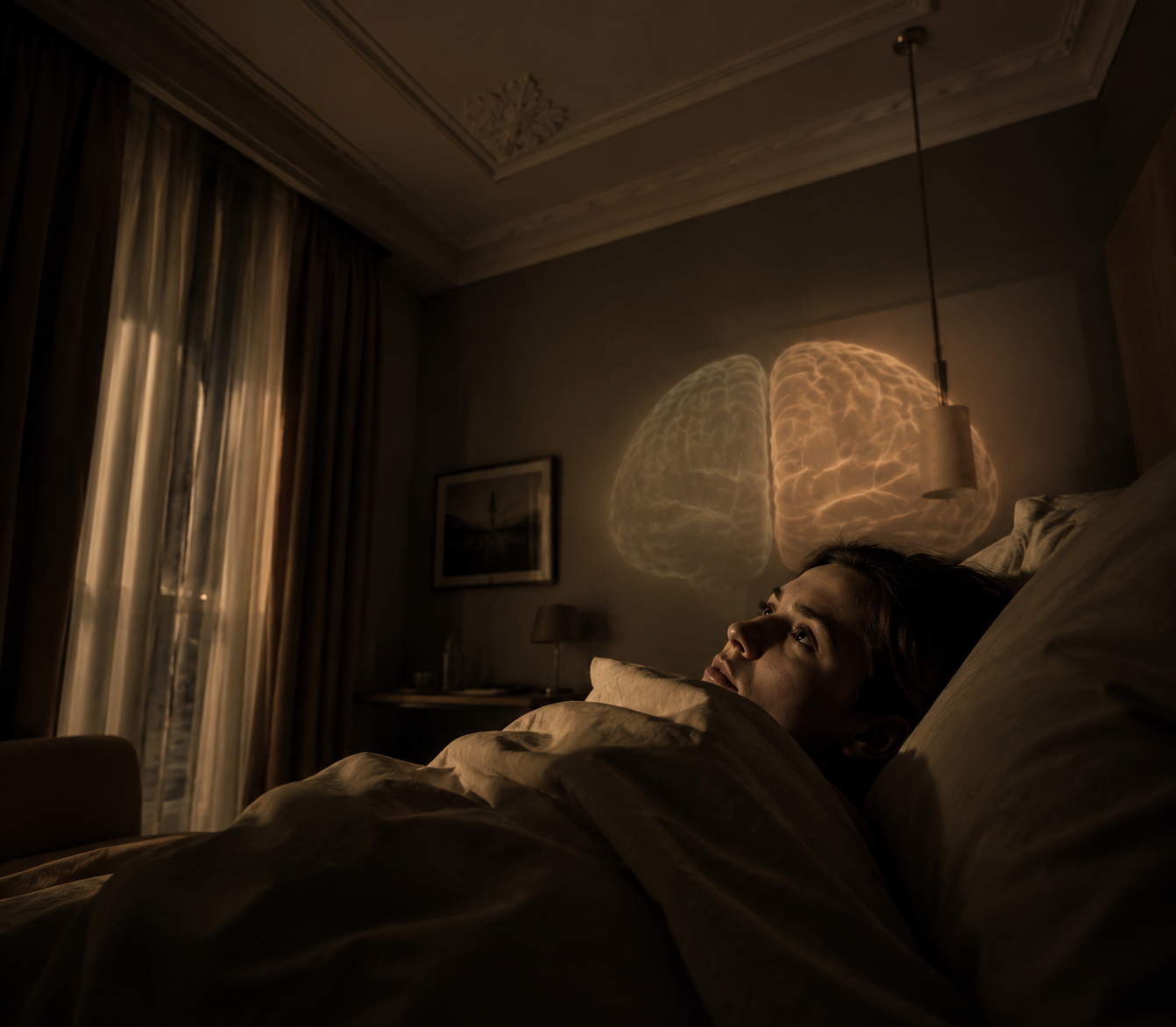 Person lying awake in an unfamiliar boutique hotel room at night with a subtle glow suggesting brain vigilance