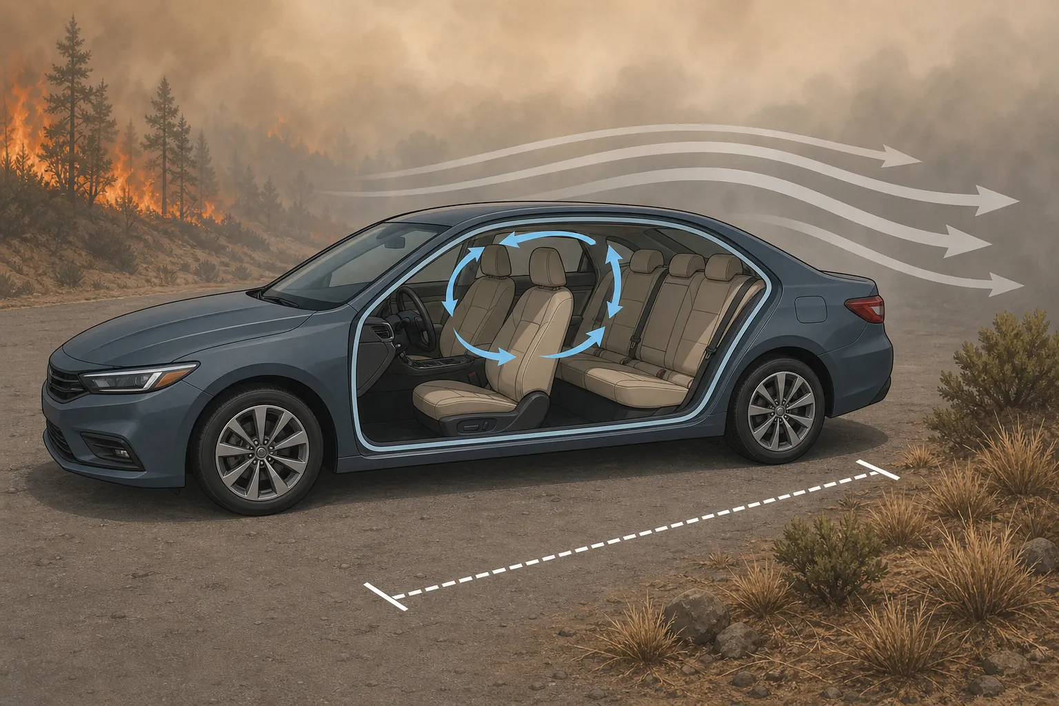 Cutaway diagram of a sedan showing recirculated cabin air, closed windows, orientation away from smoke, and distance from dry brush