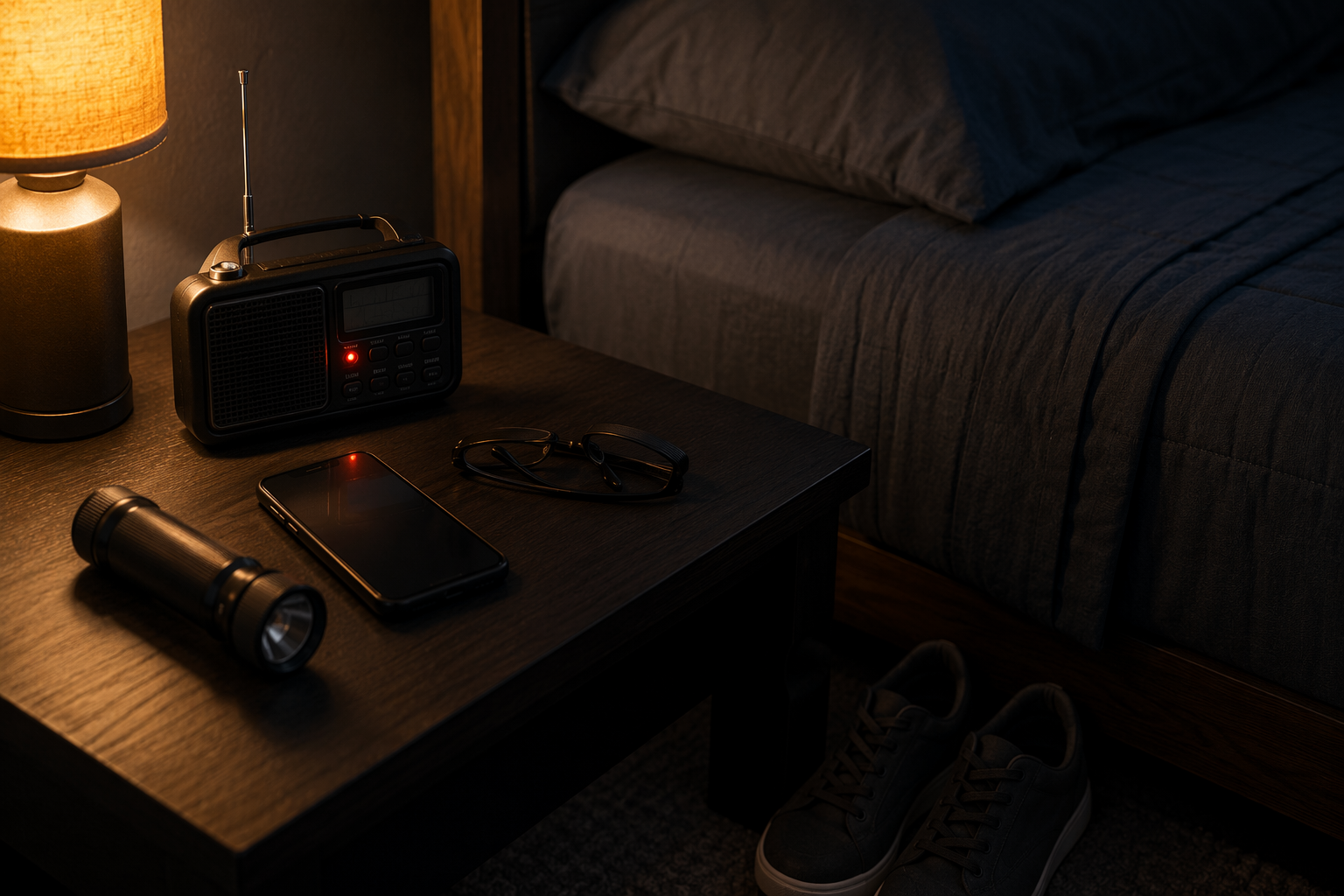 Prepared bedside table with a NOAA weather radio, smartphone alert, flashlight, and shoes ready beside the bed