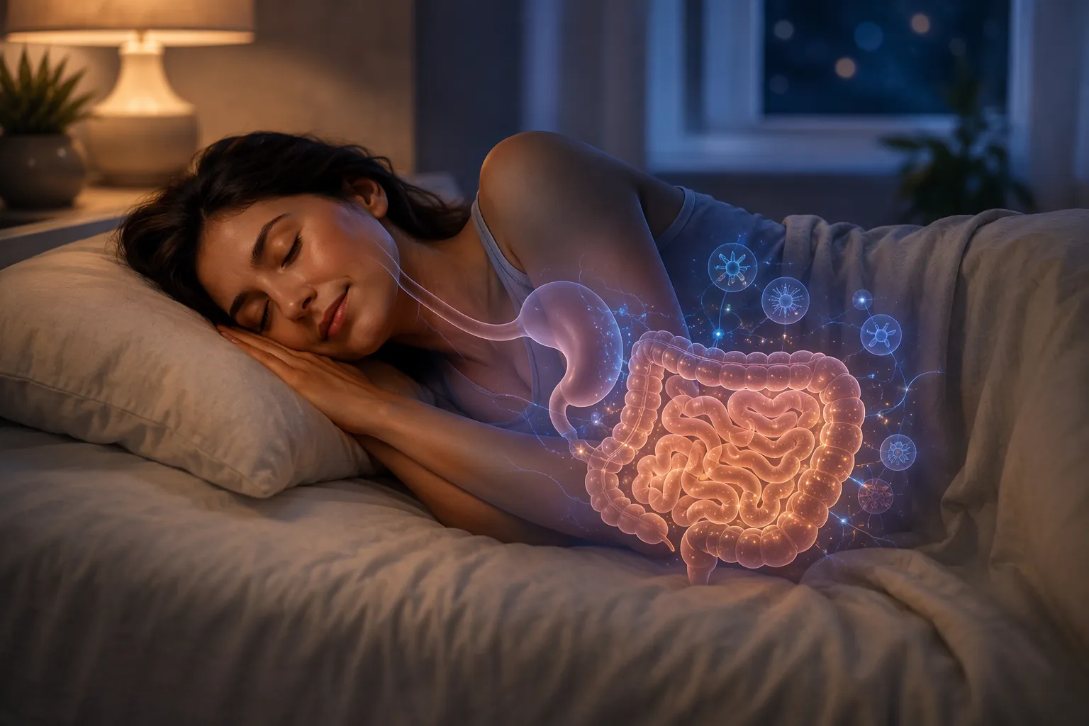 A person sleeping with glowing outlines of the small intestine suggesting digestive repair during rest