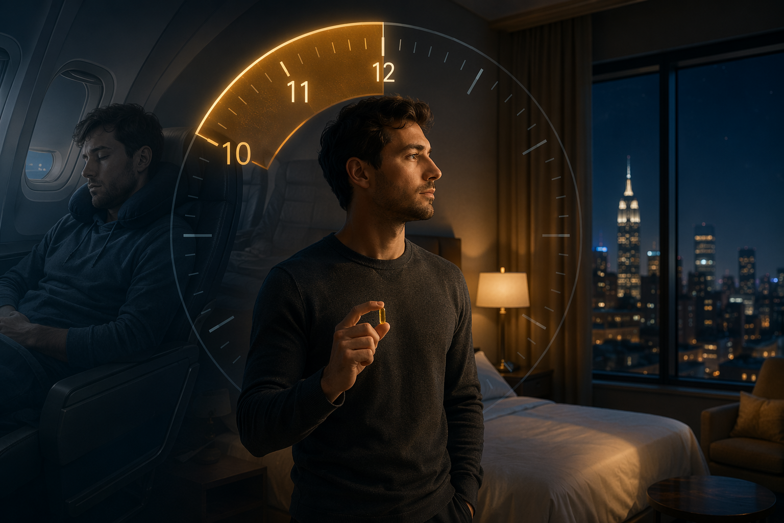 Traveler in a hotel room at night holding a supplement with a clock highlighting the 10 p.m. to midnight destination bedtime window
