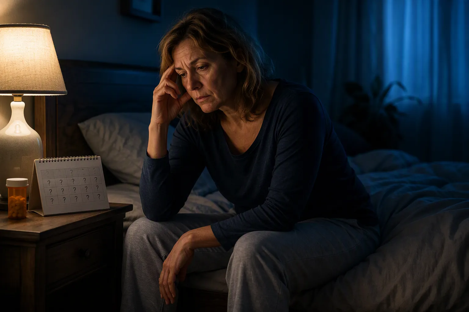 Midlife woman awake at night beside a prescription bottle and calendar