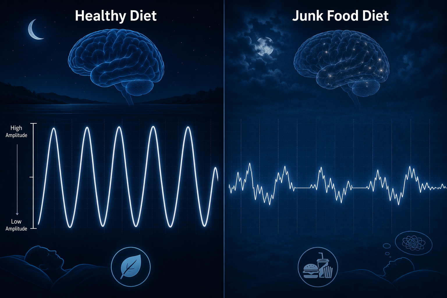 Comparison of deeper slow-wave sleep after a healthy diet and shallower fragmented waves after a junk food diet