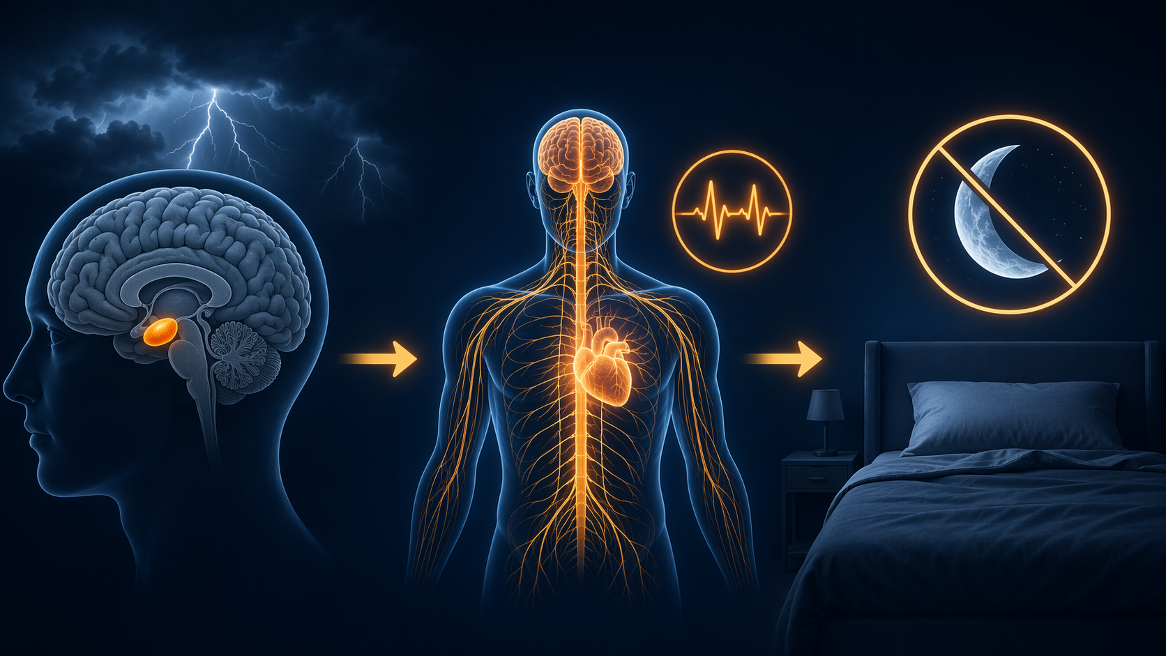 Diagram of amygdala threat detection leading to physiological hyperarousal and blocked sleep onset
