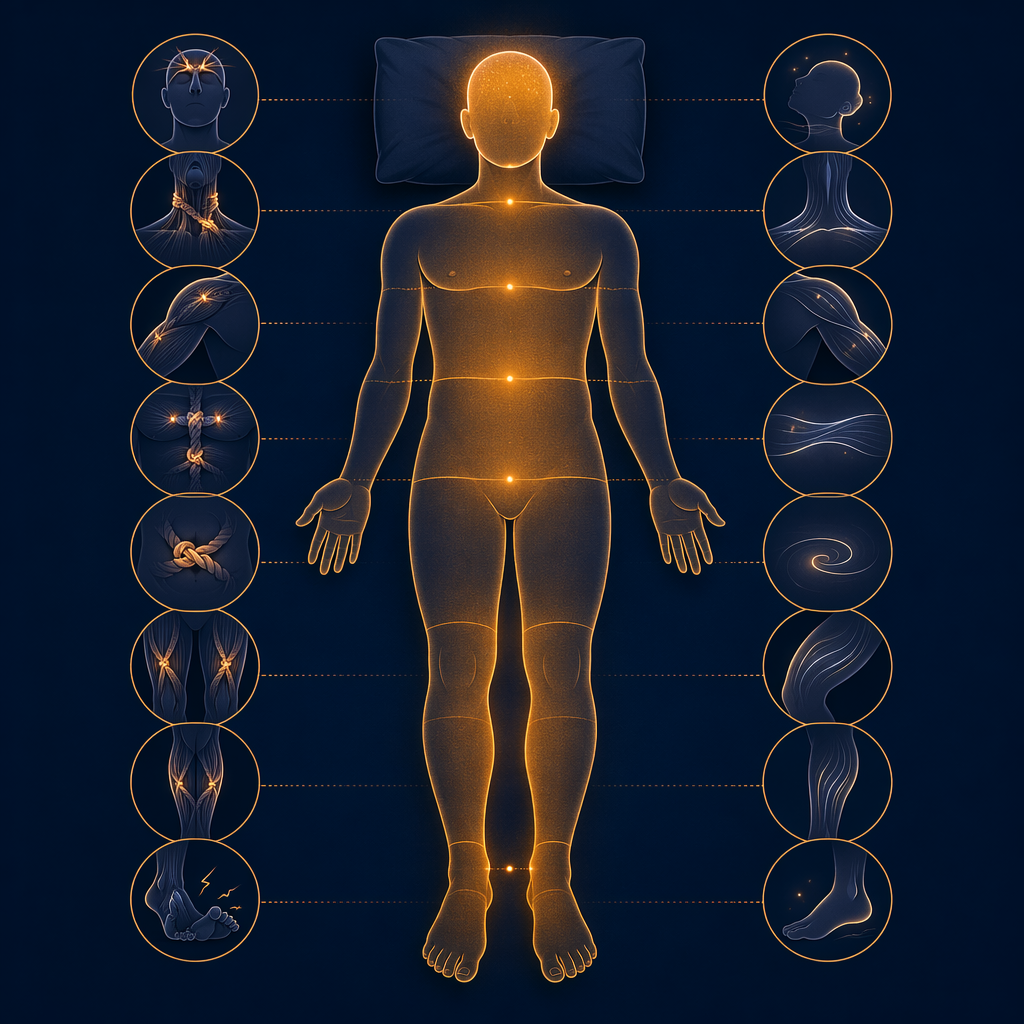 Body zones relaxing sequentially from feet to face during progressive muscle relaxation