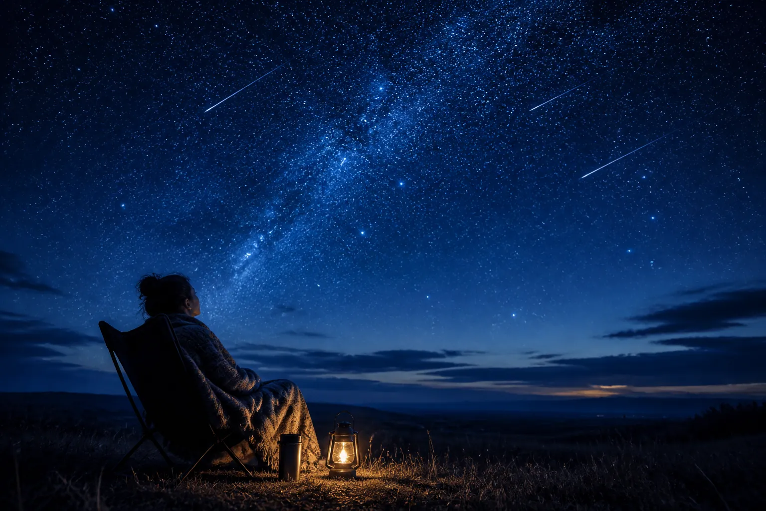 A person in a blanket watching meteors from a camping chair under a starry sky