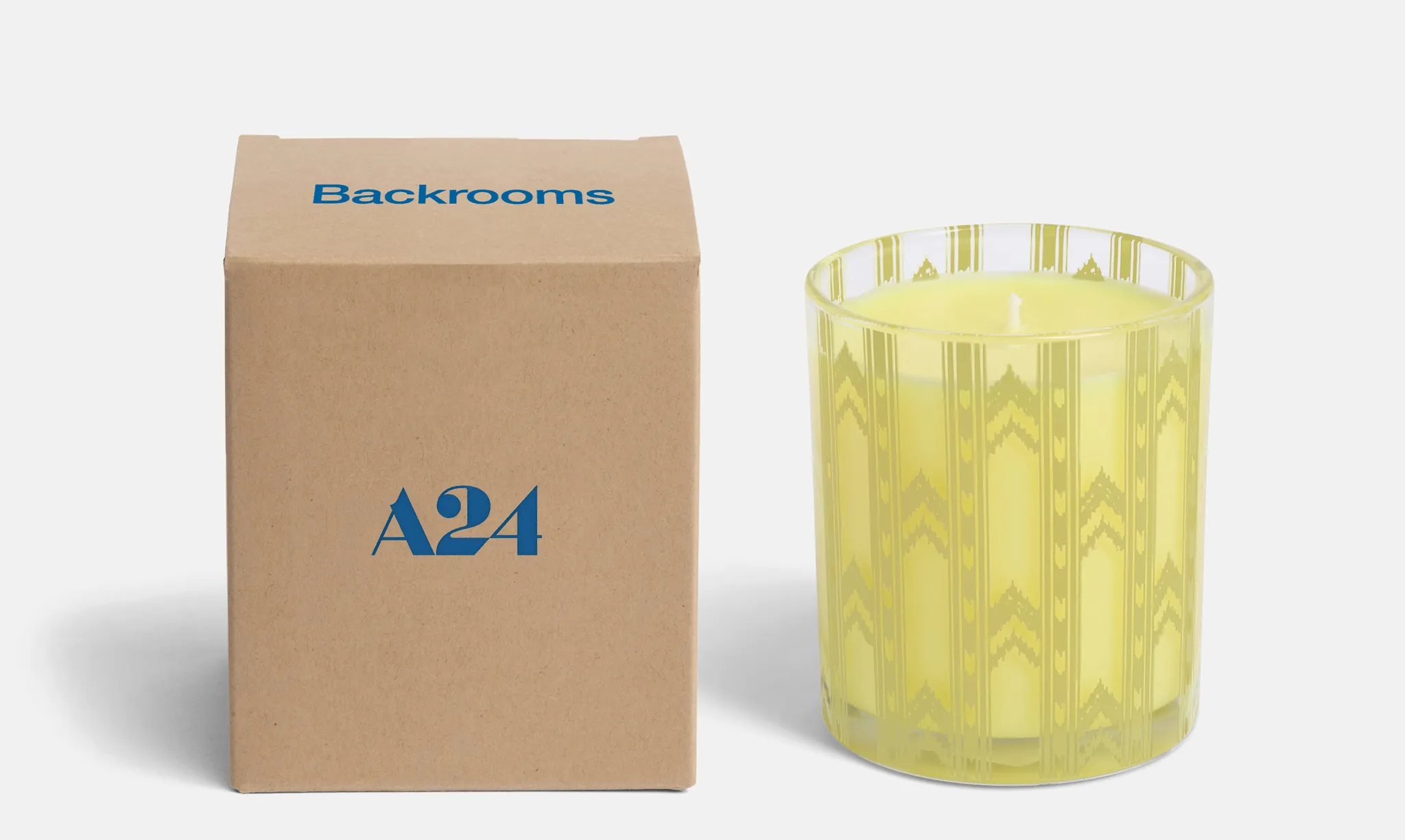 A24 Backrooms x Joya candle in a yellow wallpaper glass vessel with its box
