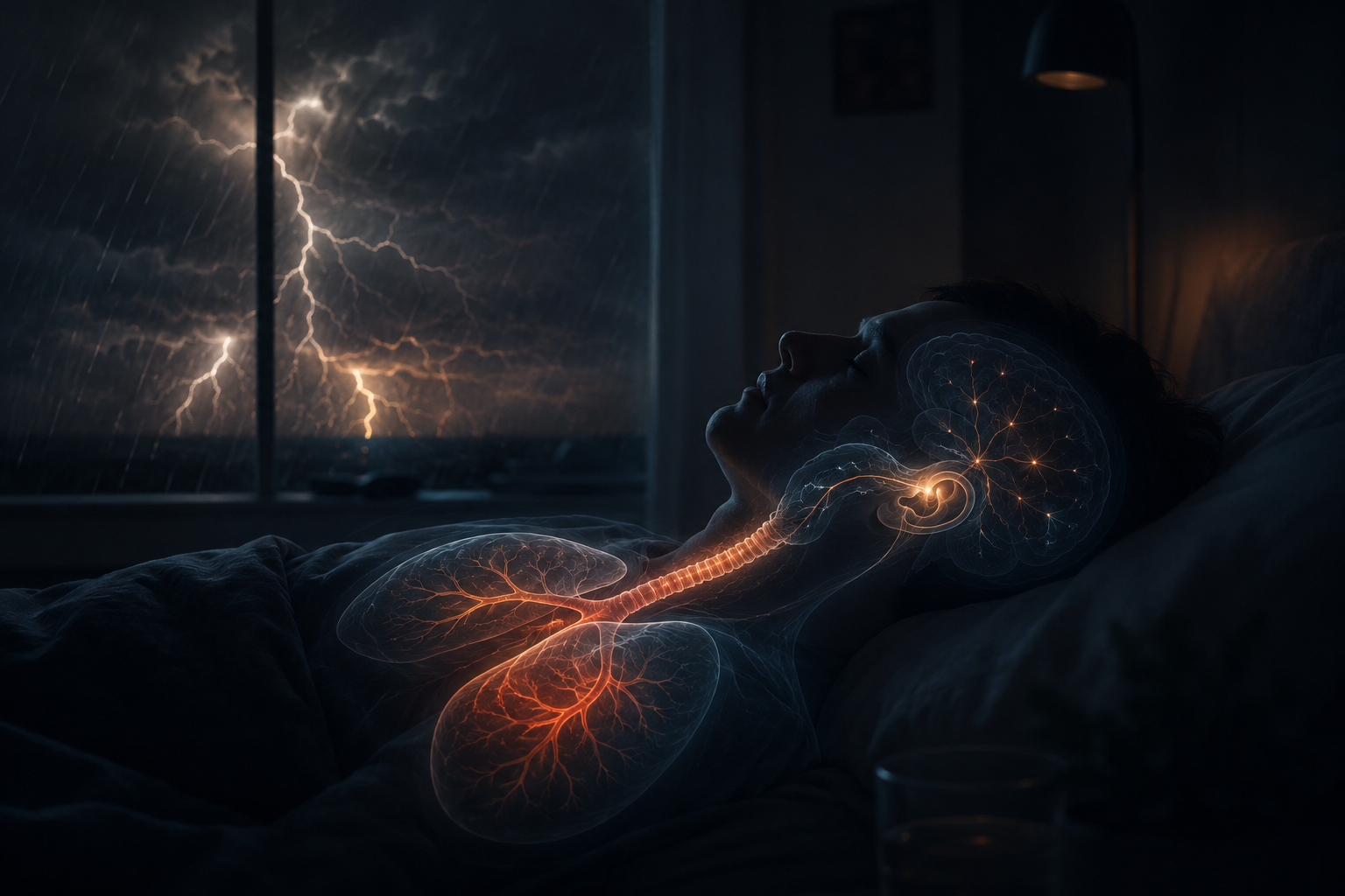 A sleeping figure in a dark bedroom with thunderstorm light at the window and translucent airway and neural overlays.