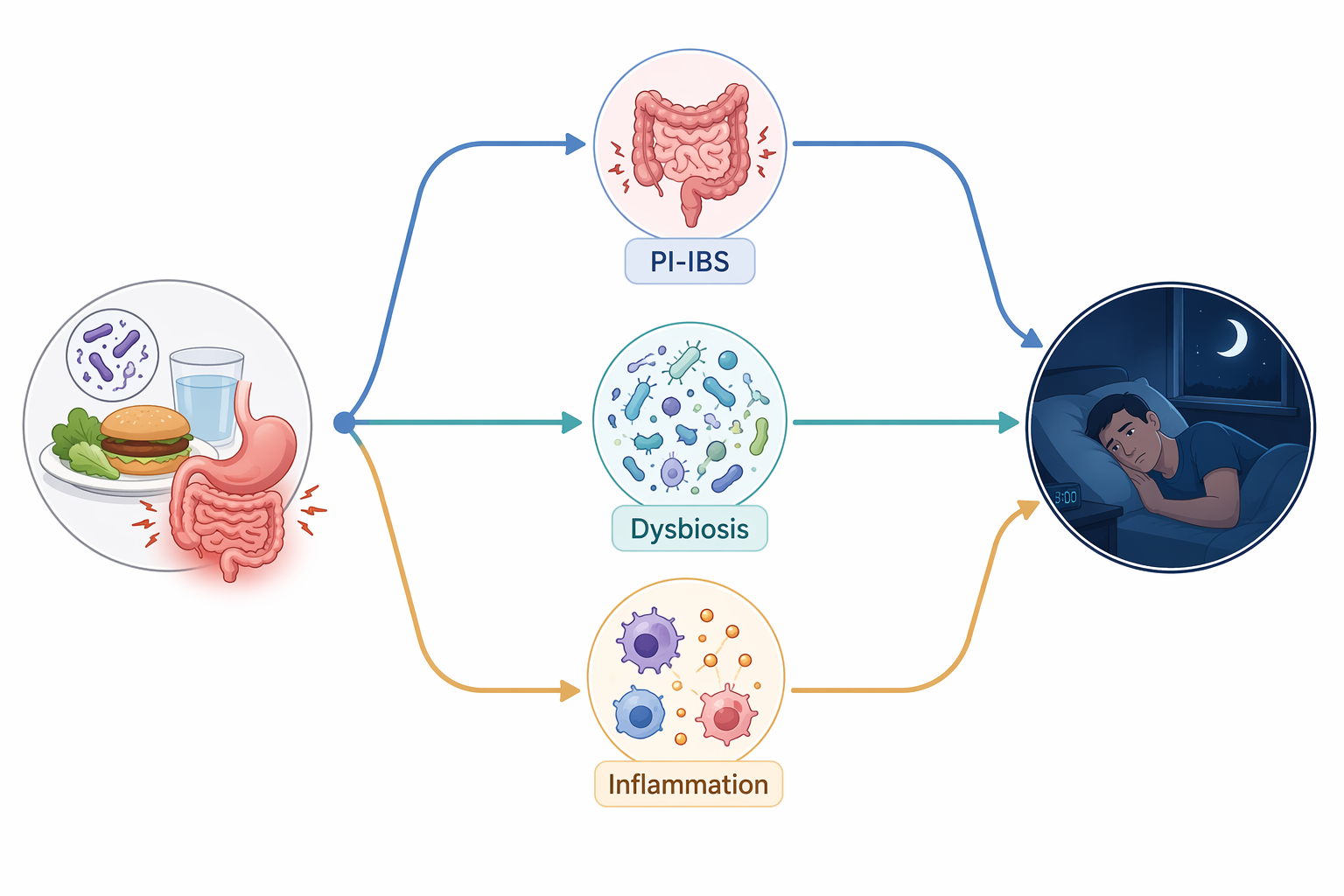 Conceptual diagram showing PI-IBS, gut dysbiosis, and systemic inflammation as pathways from gut infection to chronic insomnia