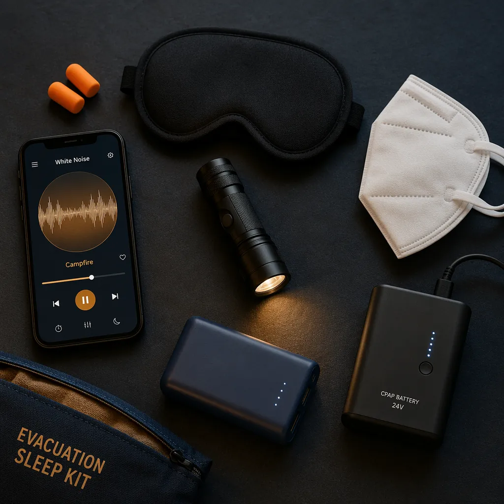Portable evacuation sleep kit with earplugs, sleep mask, phone, charger, flashlight, mask, and CPAP battery