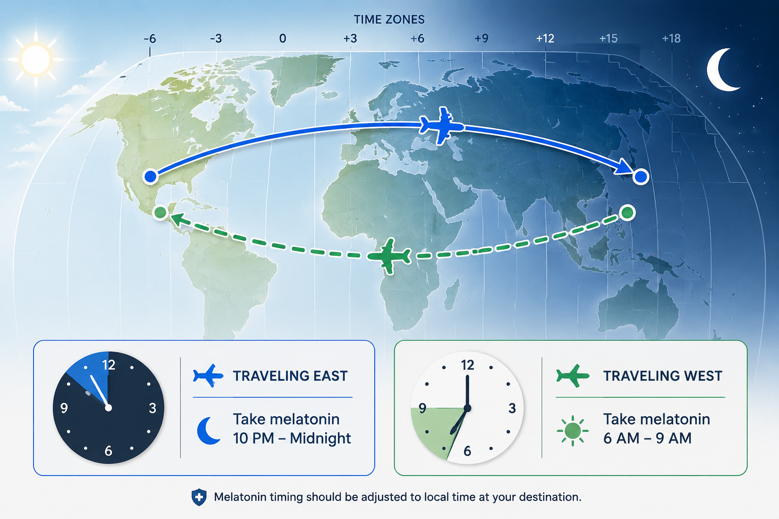 Globe with eastward and westward flight paths connected to night and morning clock faces for melatonin timing
