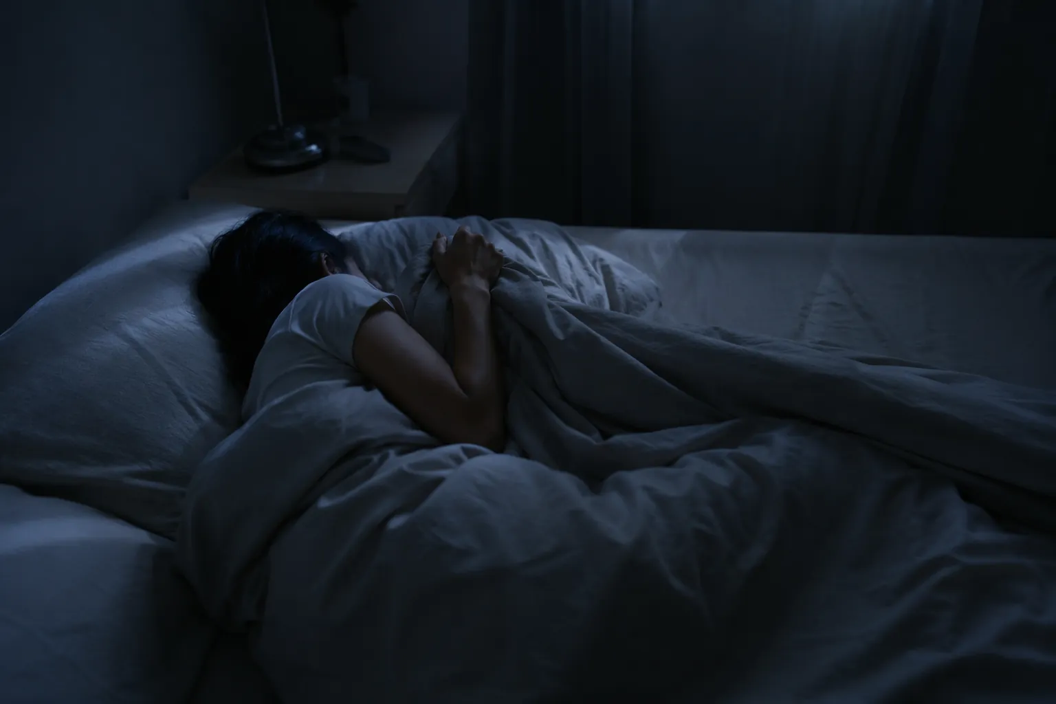 A person lying awake tensely in a dark bedroom at night