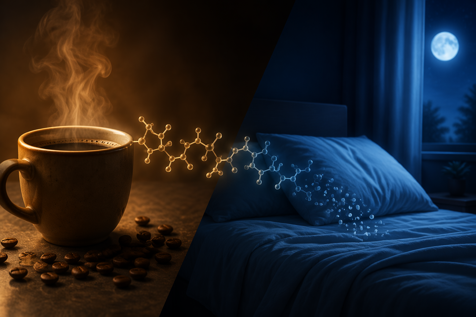 Coffee elements transitioning into a moonlit bedroom with molecular particles drifting between them