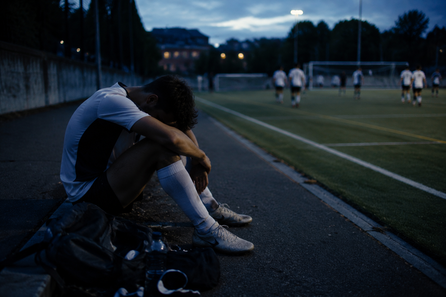 A fatigued teenage athlete sitting at the edge of a sports field at dusk with sports gear nearby