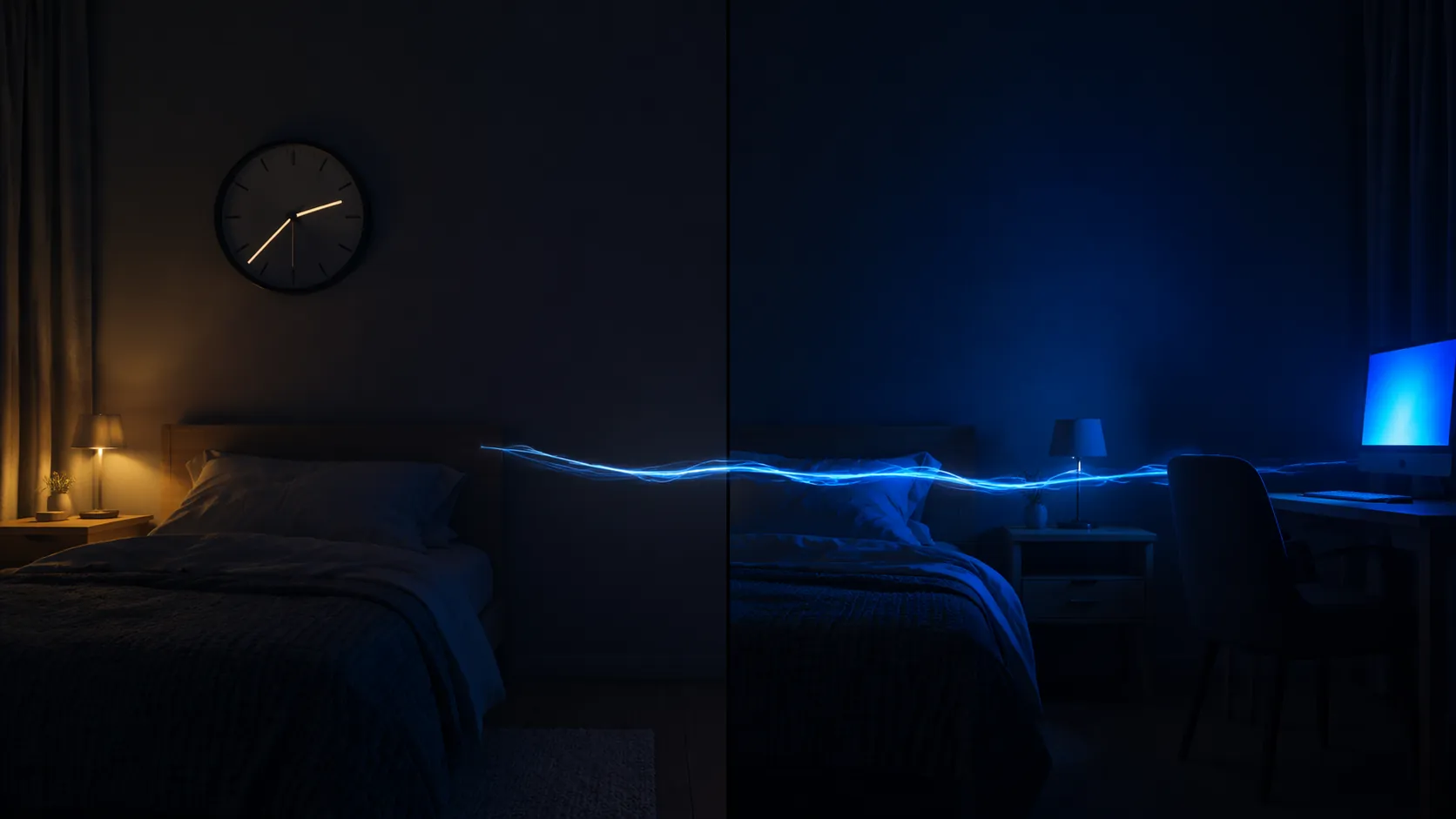 Split nighttime bedroom scene with a monitor glow and a 2:40 AM clock suggesting caregiver hypervigilance