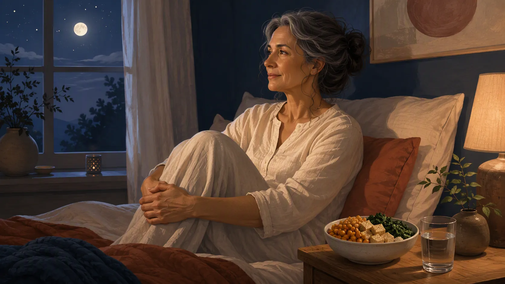Perimenopausal woman sitting upright in bed at night with a nourishing bowl of tofu, chickpeas, and greens on the bedside table