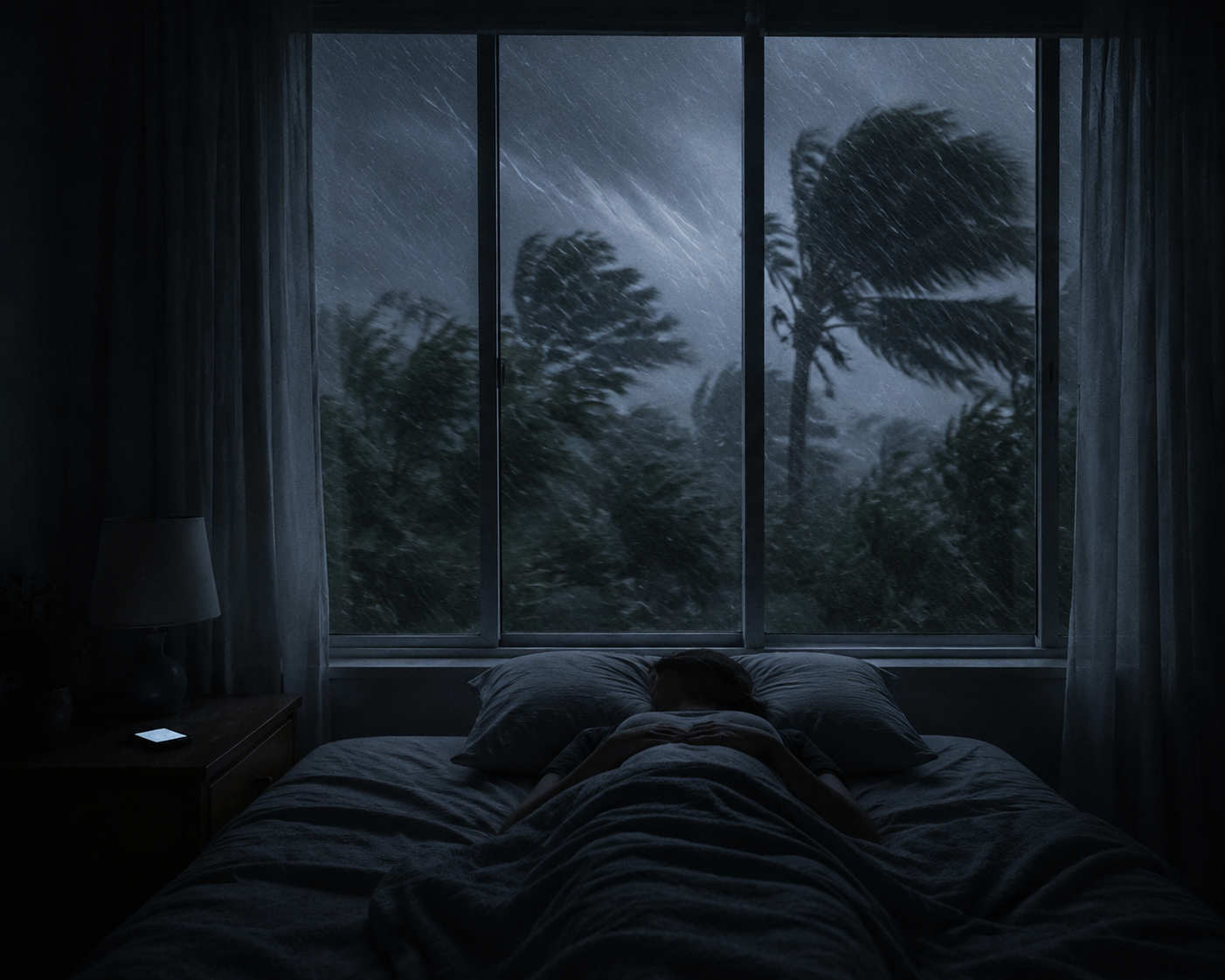 Dimly lit bedroom during a tropical storm with a person lying awake under a blanket and a glowing phone on the nightstand