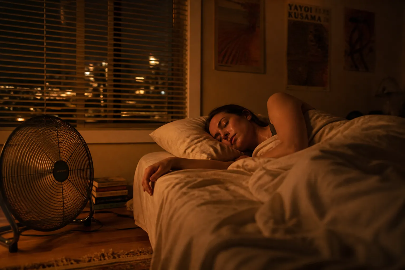 Person sleeping in a warm apartment with a floor fan blowing across bare arms and loose cotton sheets