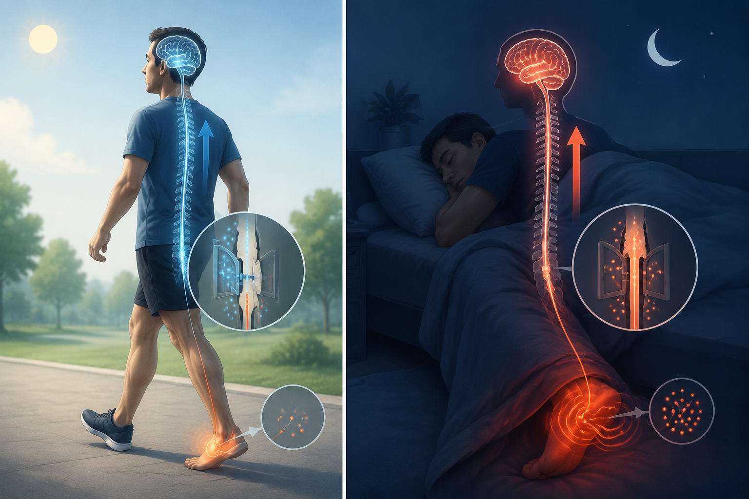 Illustration contrasting daytime movement with a muted pain signal and nighttime stillness with an amplified pain signal