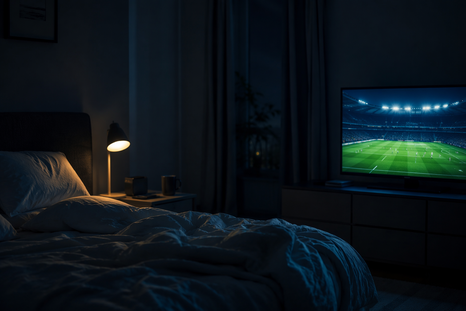 Dim bedroom with a television showing a soccer match and an alarm clock reading 11:45 PM