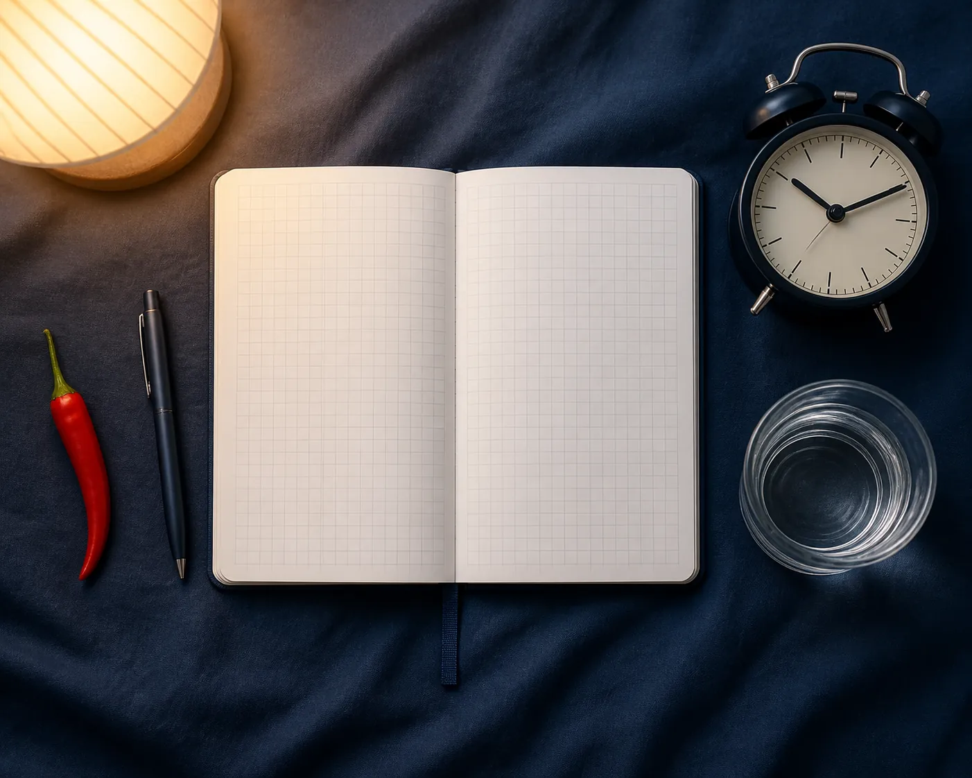 Notebook, pen, chili pepper, alarm clock, and water arranged for a personal sleep self-test