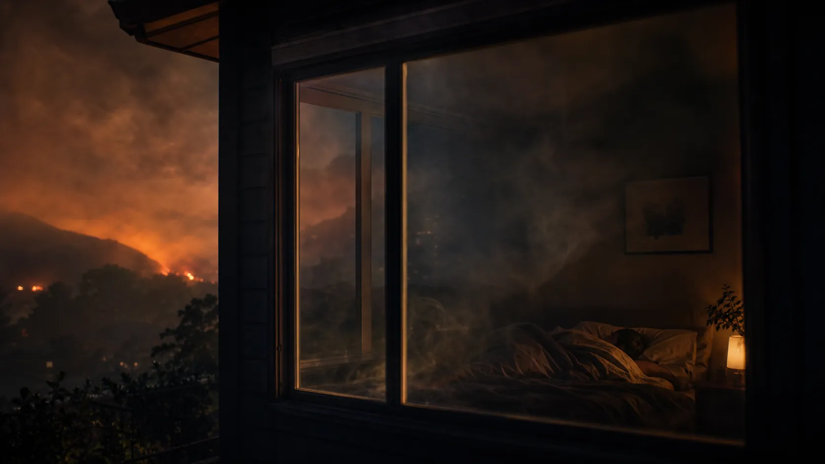 Bedroom at night with an orange gray wildfire smoke haze outside the window