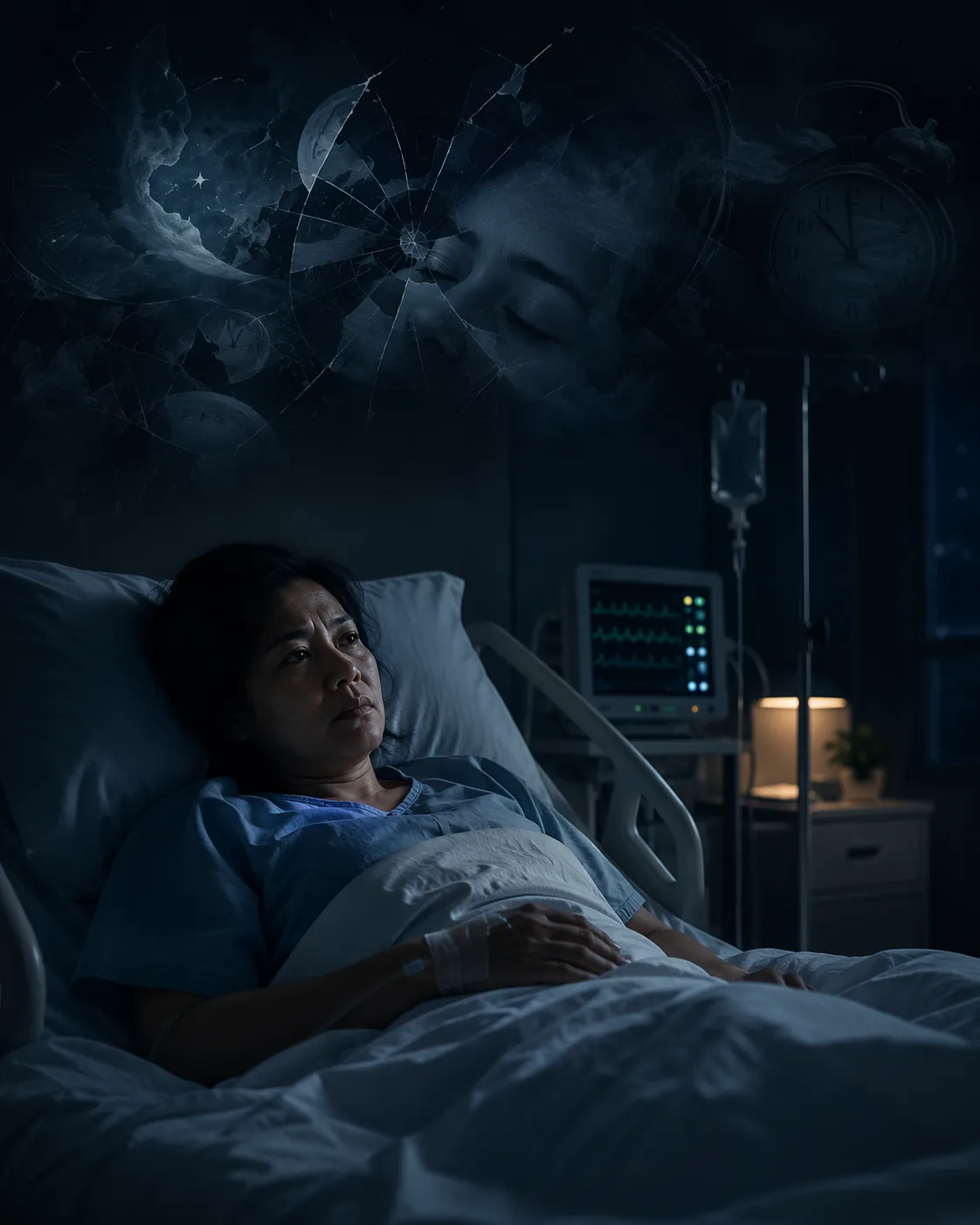Postoperative patient awake in a dim hospital room with fragmented sleep patterns above the bed