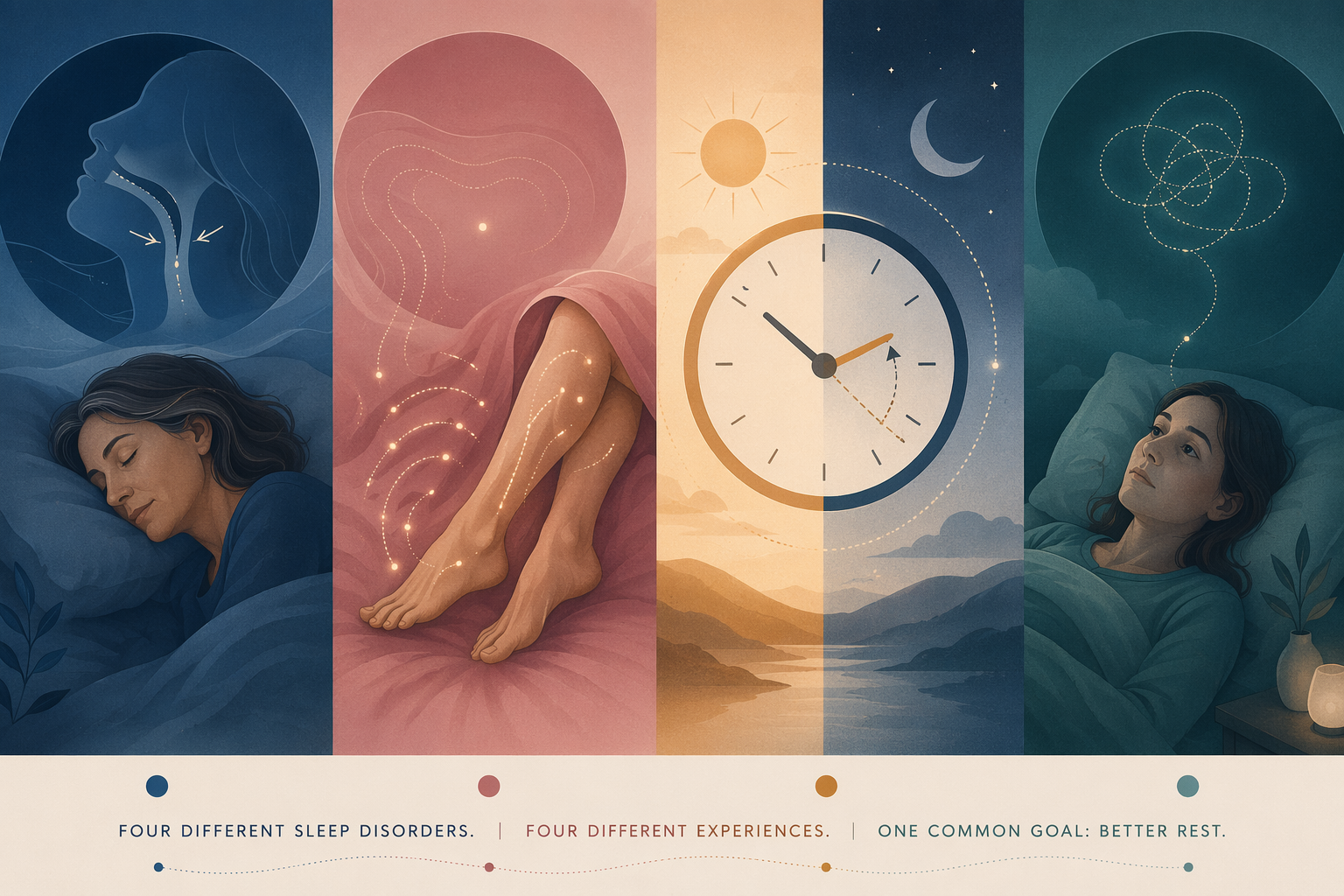 Four abstract editorial illustrations shown side by side in a horizontal flow: a subtle depiction of sleep apnea with airway narrowing, restless legs syndrome with dotted energy lines near leg forms, circadian disruption with a shifted clock and sun-moon cycle, and insomnia with a calm figure lying awake. Each is color-coded in deep blue, warm rose, amber, and teal.