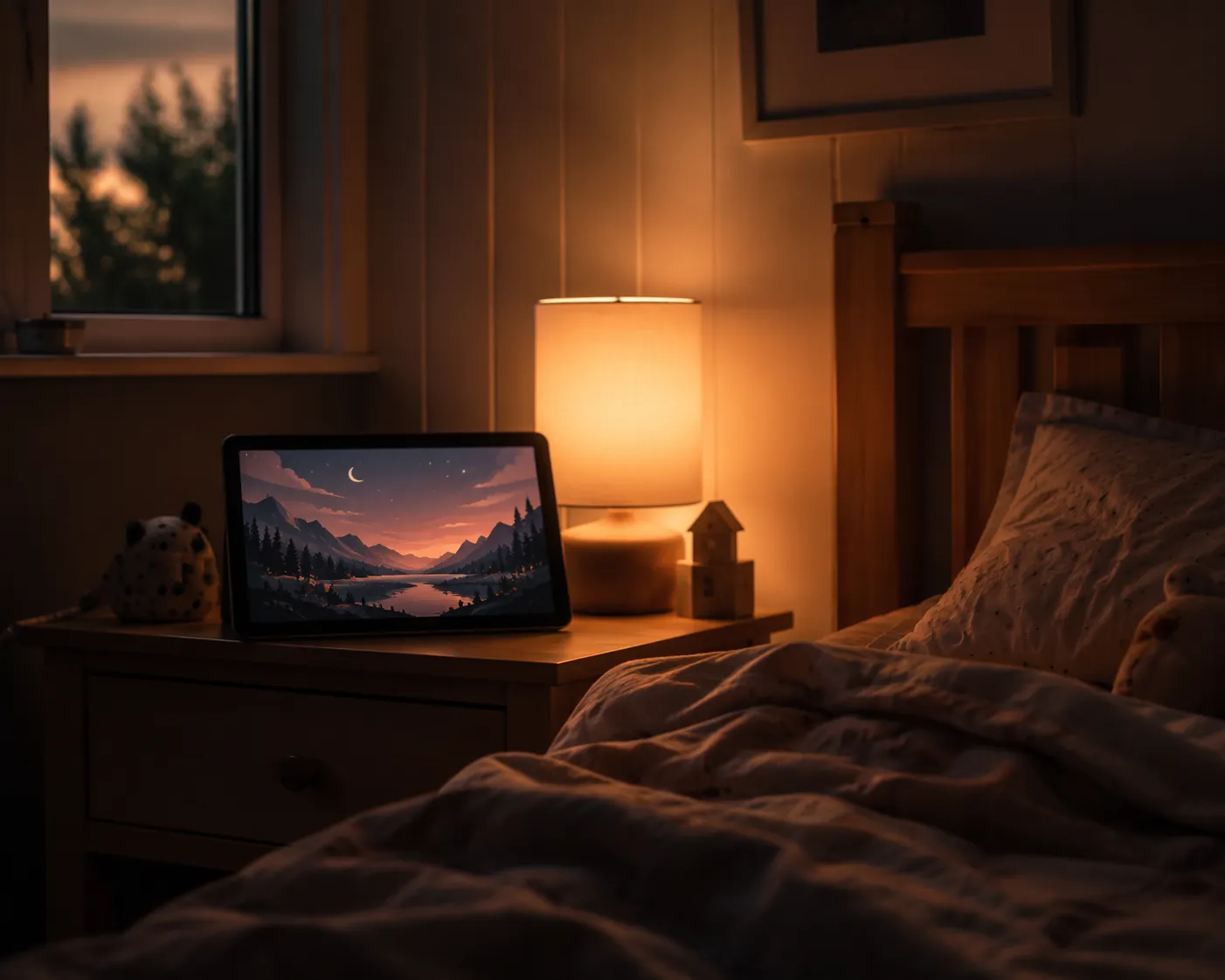 A cozy bedroom at dusk with a tablet showing a gentle animated landscape in warm night-mode colors