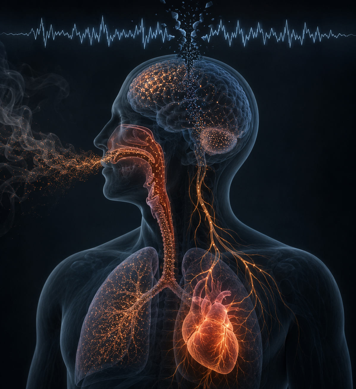 A human silhouette showing airway irritation, particles reaching the brain, and nerve activation toward the heart